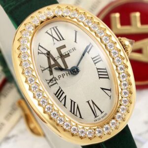 Đồng Hồ Cartier Baignoire Nữ Đính Đá Dây Da Màu Xanh Lá AF (17)