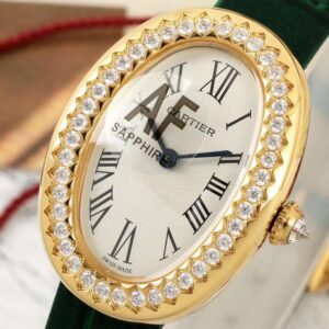 Đồng Hồ Cartier Baignoire Nữ Đính Đá Dây Da Màu Xanh Lá AF (17)