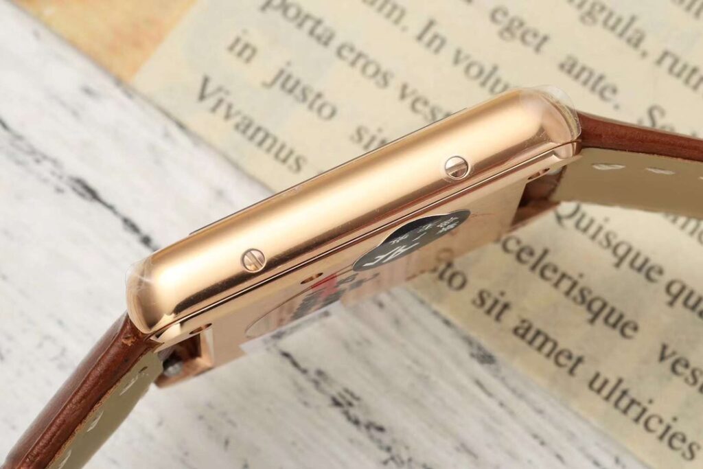 Đồng Hồ Cartier Tank Replica 11 Nữ Dây Da Màu Nâu Vỏ Vàng Hồng 22x29mm (8)