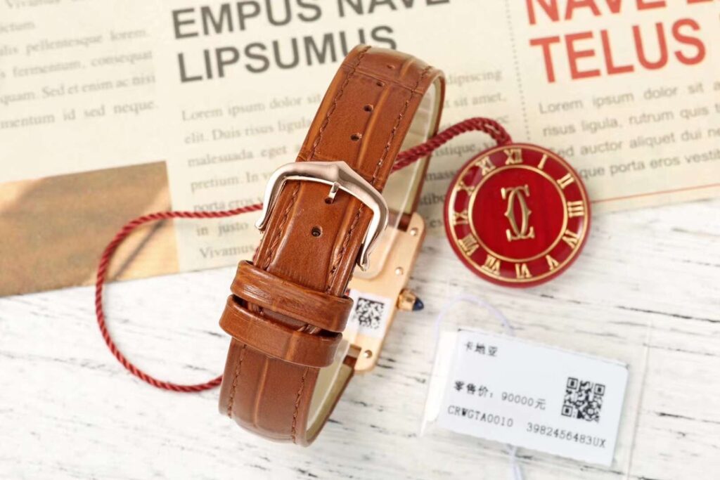 Đồng Hồ Cartier Tank Replica 11 Nữ Dây Da Màu Nâu Vỏ Vàng Hồng 22x29mm (8)