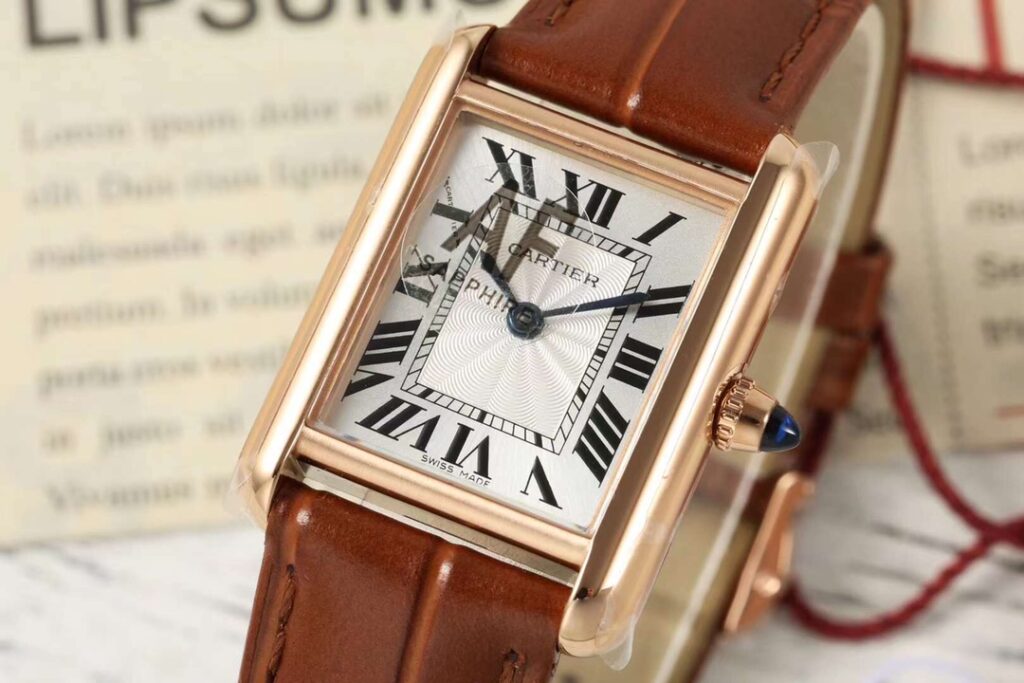 Đồng Hồ Cartier Tank Replica 11 Nữ Dây Da Màu Nâu Vỏ Vàng Hồng 22x29mm (8)