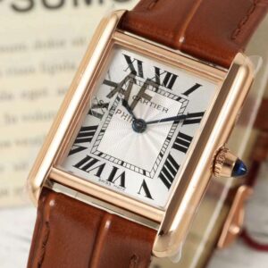 Đồng Hồ Cartier Tank Replica 11 Nữ Dây Da Màu Nâu Vỏ Vàng Hồng 22x29mm (8)