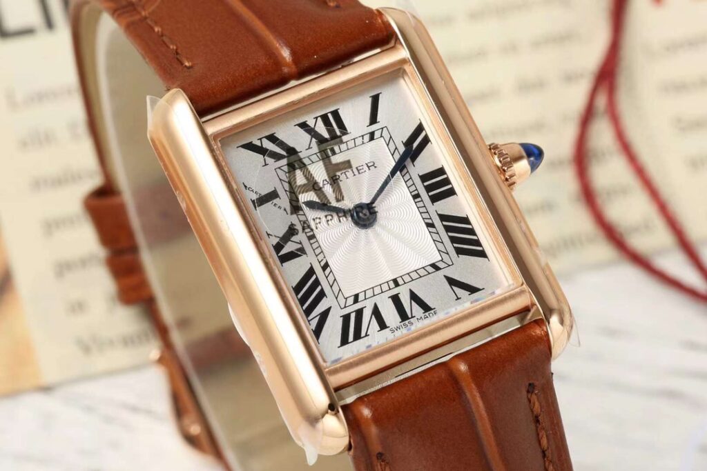 Đồng Hồ Cartier Tank Replica 11 Nữ Dây Da Màu Nâu Vỏ Vàng Hồng 22x29mm (8)