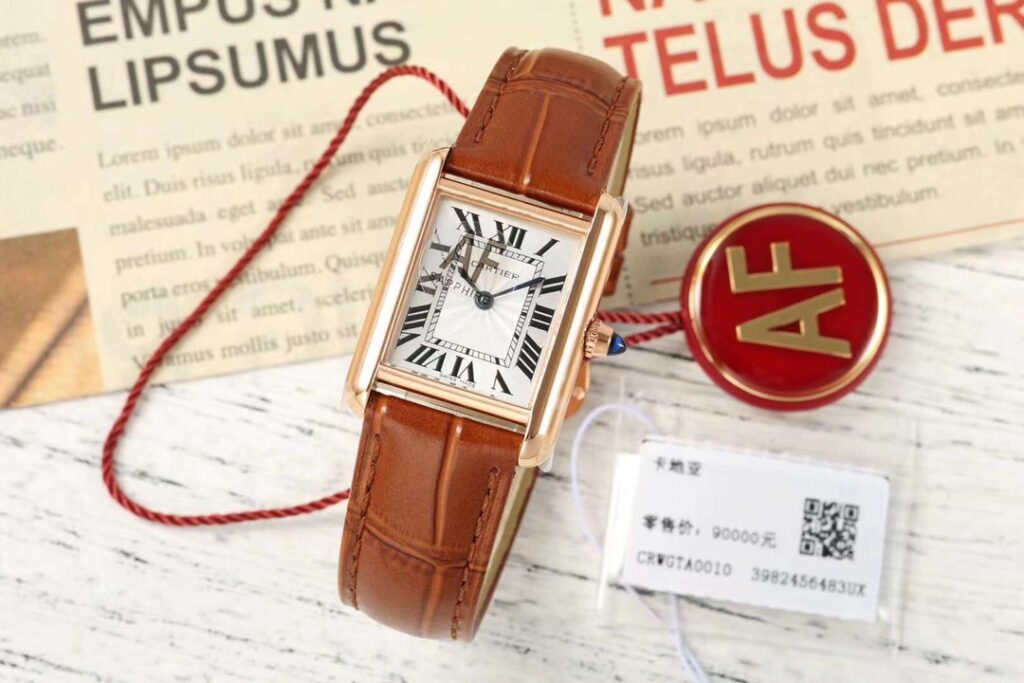 Đồng Hồ Cartier Tank Replica 11 Nữ Dây Da Màu Nâu Vỏ Vàng Hồng 22x29mm (8)