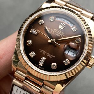 Đồng Hồ Rolex Day-Date Mặt Nâu Cọc Số Đính Đá Máy Caliber 3255 QF 36mm (1)