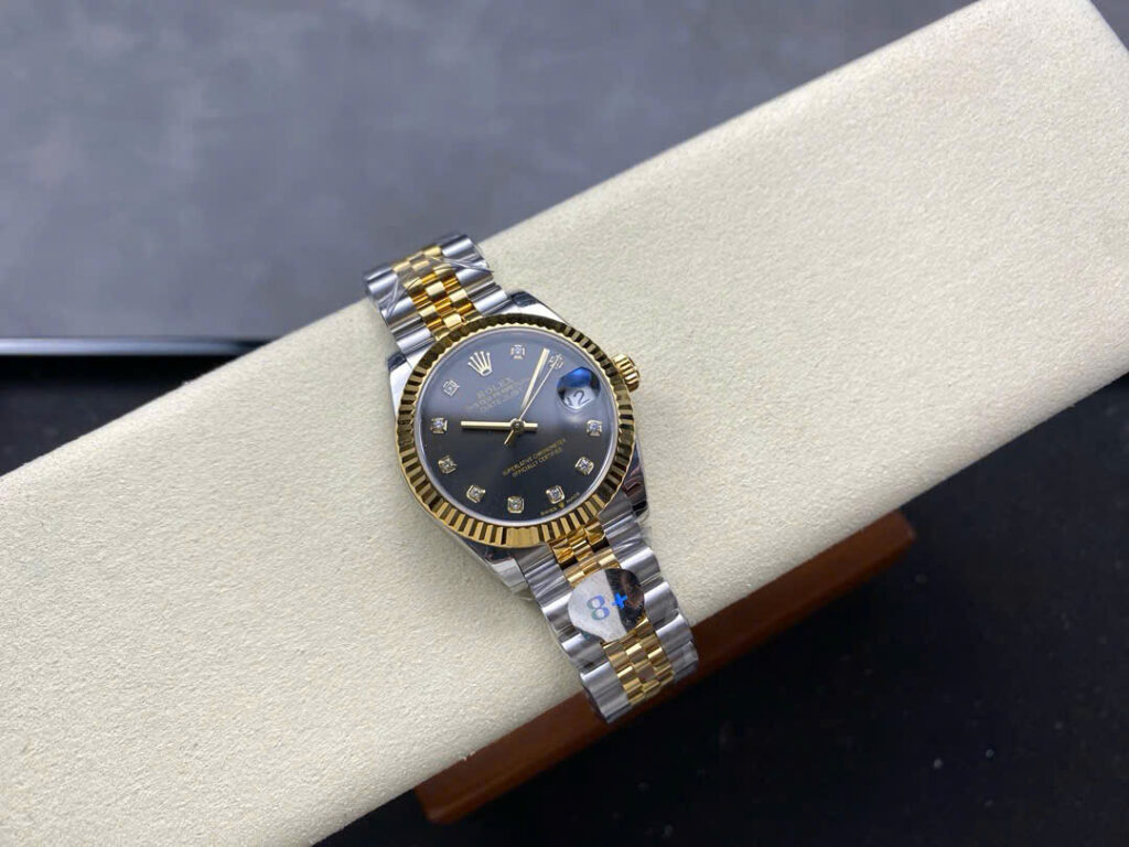 Đồng Hồ Rolex DateJust Demi Gold Nữ Mặt Xám Đính Đá Xưởng 8+ 31mm (1)