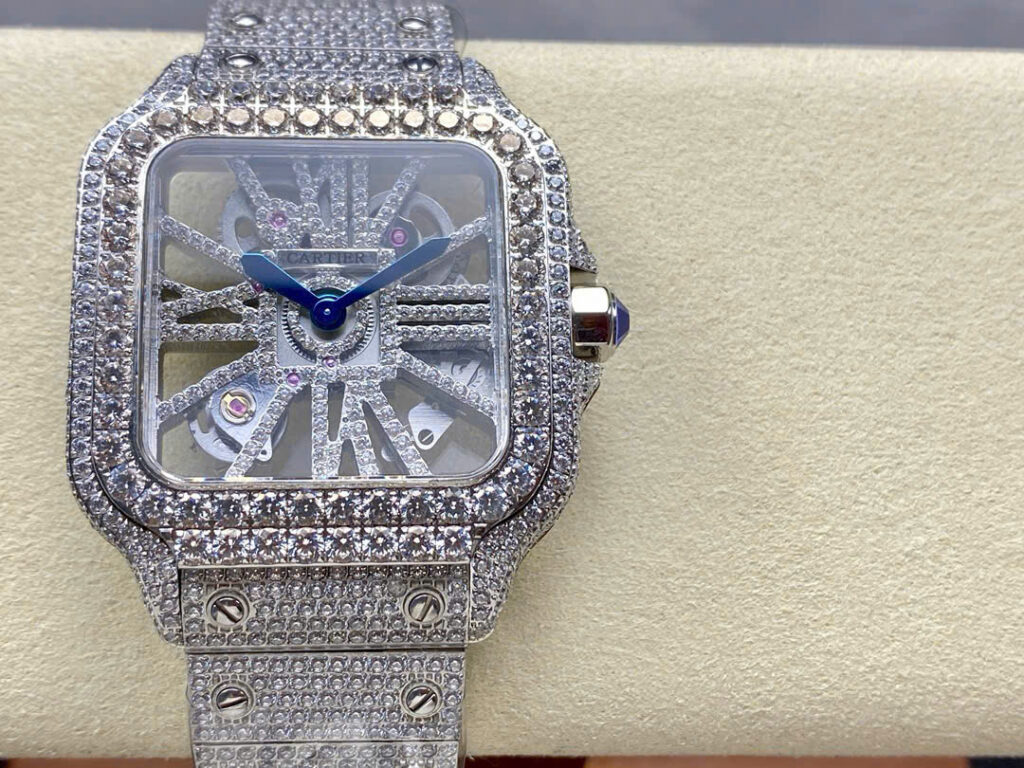 Đồng Hồ Cartier Santos Skeleton Dây Kim Loại Đính Full Đá Replica (1)