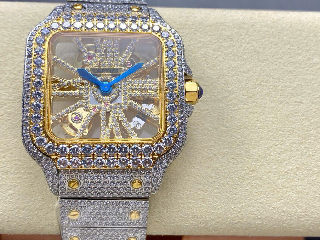 Đồng Hồ Cartier Santos Skeleton Demi Gold Nam Đính Đá Replica 11 (1)