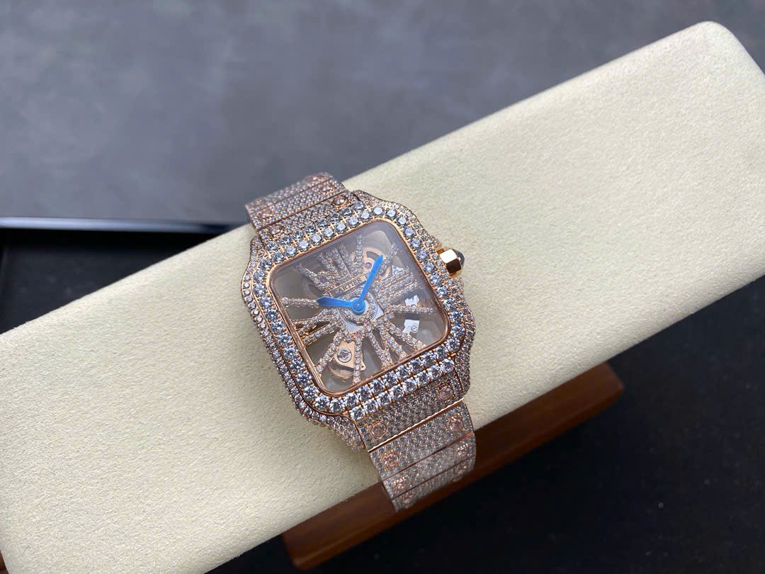 Đồng Hồ Cartier Santos Skeleton Rose Gold Replica Cao Cấp Đính Full Đá (1) Đồng Hồ Cartier Santos Skeleton Rose Gold Replica Cao Cấp Đính Full Đá (3)