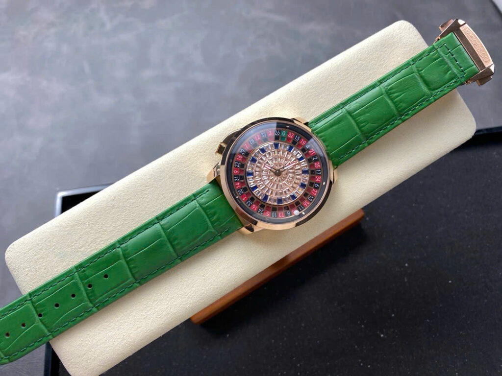 Đồng Hồ Jacob & Co Casino Tourbillon Đính Đá Dây Da Màu Xanh Replica AMG 44mm (6)