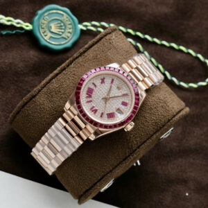 Đồng Hồ Rolex Day-Date Nữ Bọc Vàng Đính Đá Ruby Đỏ & Moissanite Chế Tác 31mm (10)