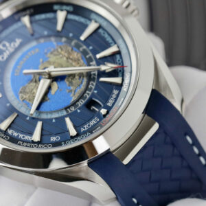 Đồng Hồ Omega Replica Aqua Terra World Timer Dây Cao Su Màu Xanh Nhà Máy VS 41mm (9)