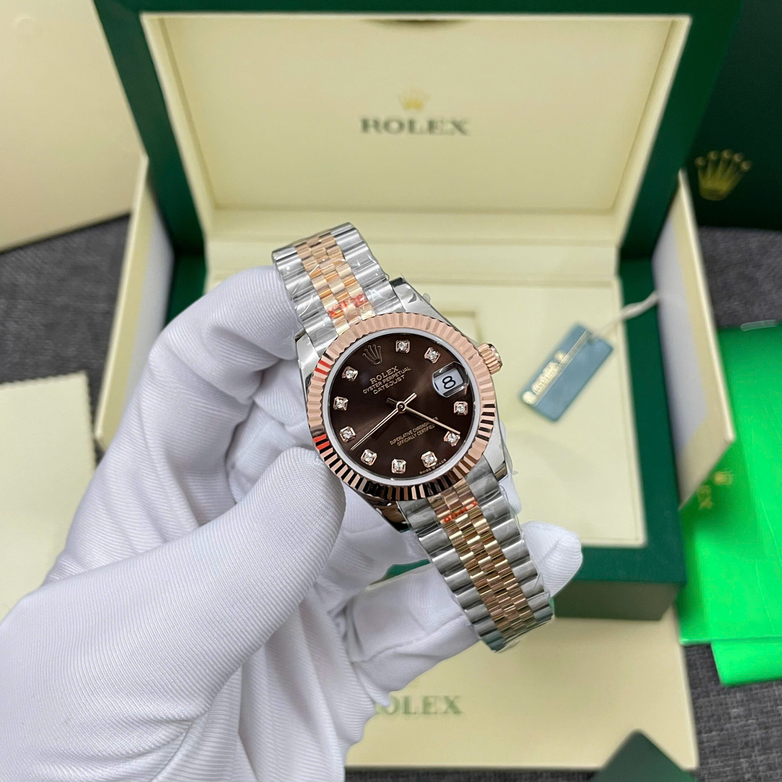 Đồng Hồ Rolex Chế Tác DateJust 278271 Bọc Vàng Thật Mặt Số Chocolate Cọc Số Đá Xưởng GM 31mm (5)