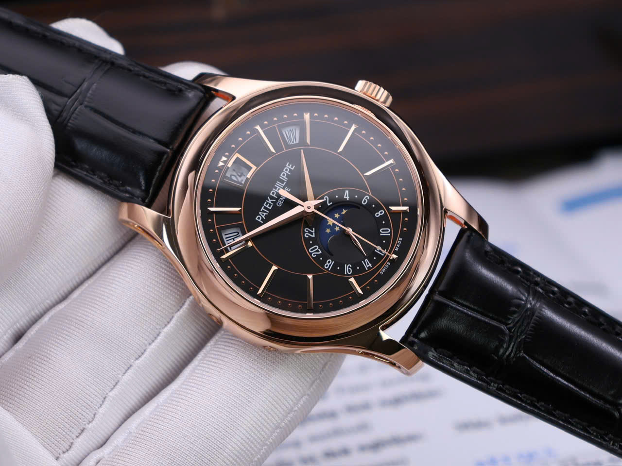 Đồng Hồ Patek Philippe Chế Tác Bọc Vàng Hồng 18K Complications 5205R Mặt Đen Xưởng KM 40mm (4)
