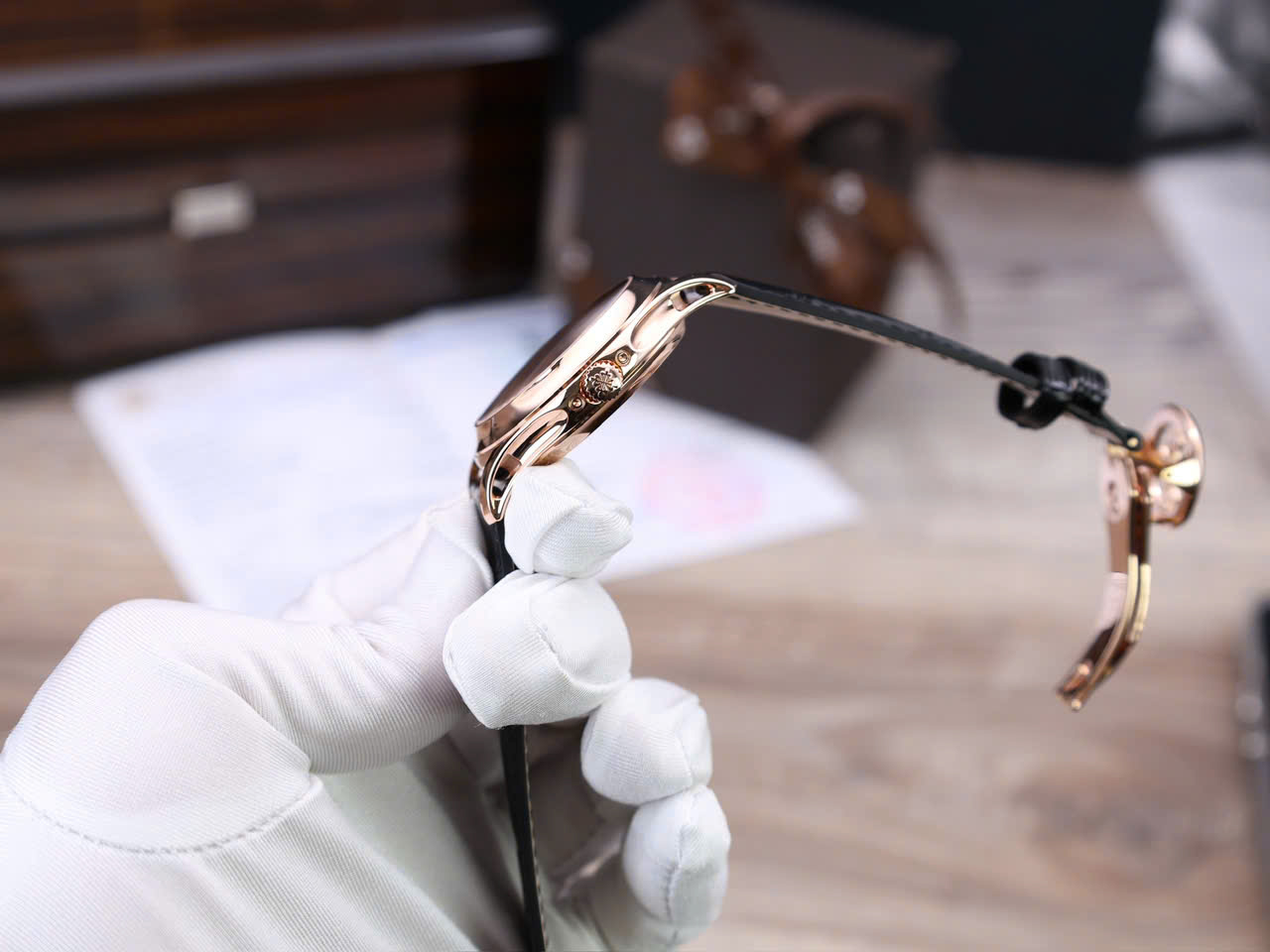 Đồng Hồ Patek Philippe Chế Tác Bọc Vàng Hồng 18K Complications 5205R Mặt Đen Xưởng KM 40mm (9)