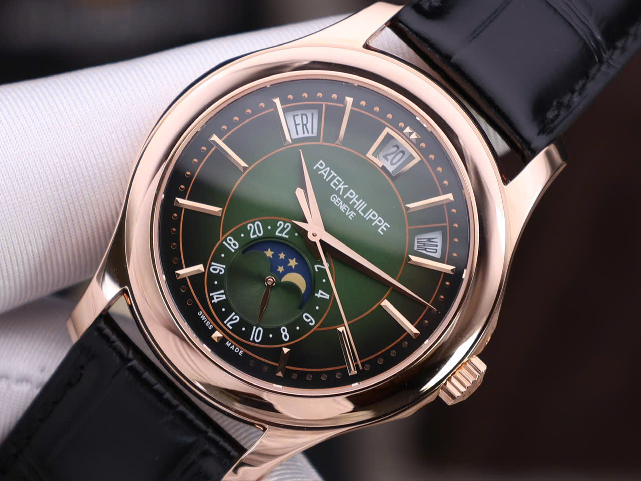 Đồng Hồ Patek Philippe Chế Tác Bọc Vàng Hồng 18K Complications 5205R Mặt Xanh Xưởng KM 40mm (7)