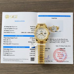ĐỒNG HỒ ROLEX DAY-DATE REPLICA CAO CẤP MẶT SỐ XÀ CỪ TỰ NHIÊN CỌC SỐ KIM CƯƠNG MOISSANITE BAGUETTE BỌC VÀNG THẬT 40MM