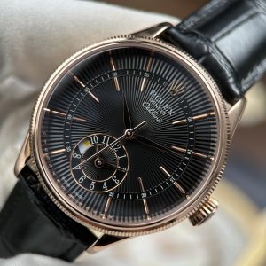 Đồng Hồ Rolex Cellini Dual Time 50525 Màu Vàng Hồng Replica 11 Mặt Đen Nhà Máy KZ 39mm (1)