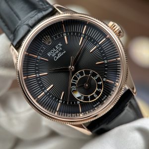 Đồng Hồ Rolex Cellini Dual Time 50525 Màu Vàng Hồng Replica 11 Mặt Đen Nhà Máy KZ 39mm (1)