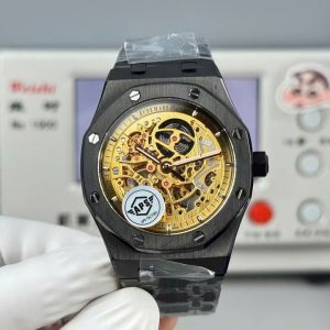 AUDEMARS PIGUET REPLICA WATCH ROYAL OAK 15407 BLACK CERAMIC CASE YELLOW GOLD PLATE SKELETON DIAL APS FACTORY 41MM