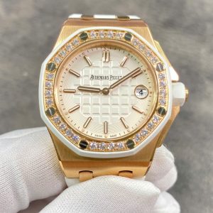 AUDEMARS PIGUET REPLICA WATCHES ROYAL OAK OFFSHORE 67540OK ROSE GOLD PLATE WHITE DIAL RHINESTONE ON BEZEL 37MM