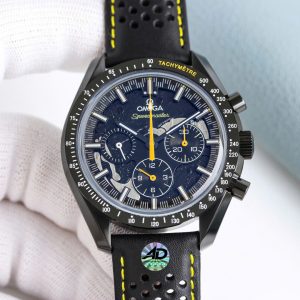 OMEGA SPEEDMASTER REPLICA WATCH DARK SIDE OF THE MOON BLACK CERAMIC CASE YELLOW HAND LEATHER STRAP 44MM